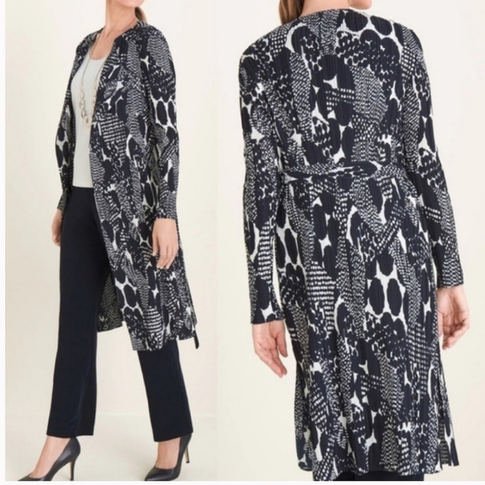 Chico's Travelers Textured Crinkle Trench Jacket Blue White, Size 16-18 printed